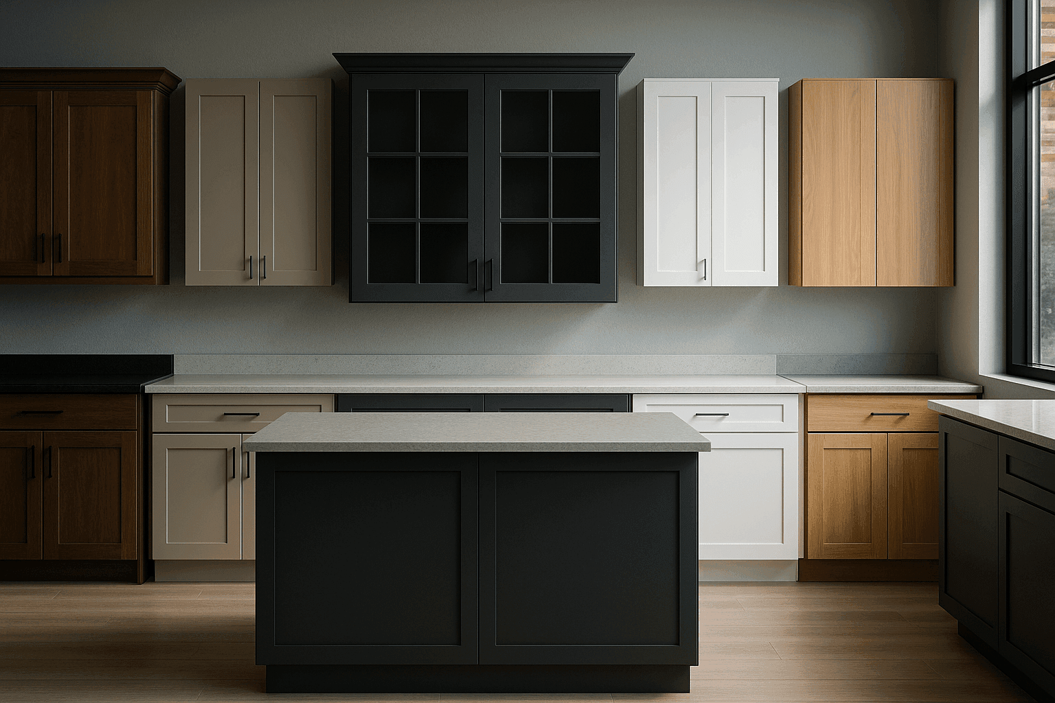 Selection of modern kitchen cabinets with various materials and styles