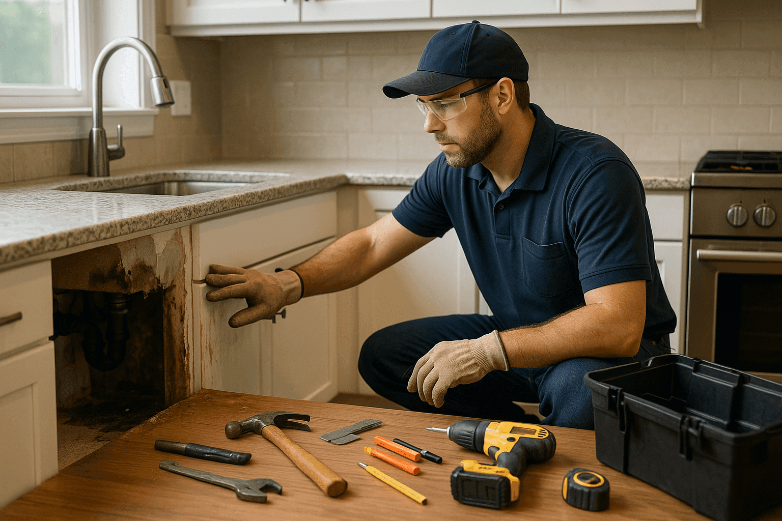 Contractor inspecting kitchen for emergency remodeling repairs