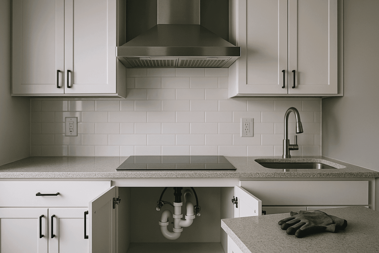 Kitchen with professionally installed ventilation hood, safe outlets, and plumbing