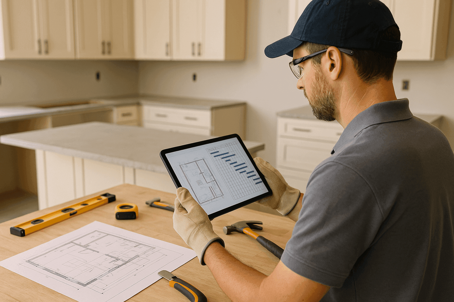 Kitchen remodel project manager reviewing plans on tablet in kitchen under renovation